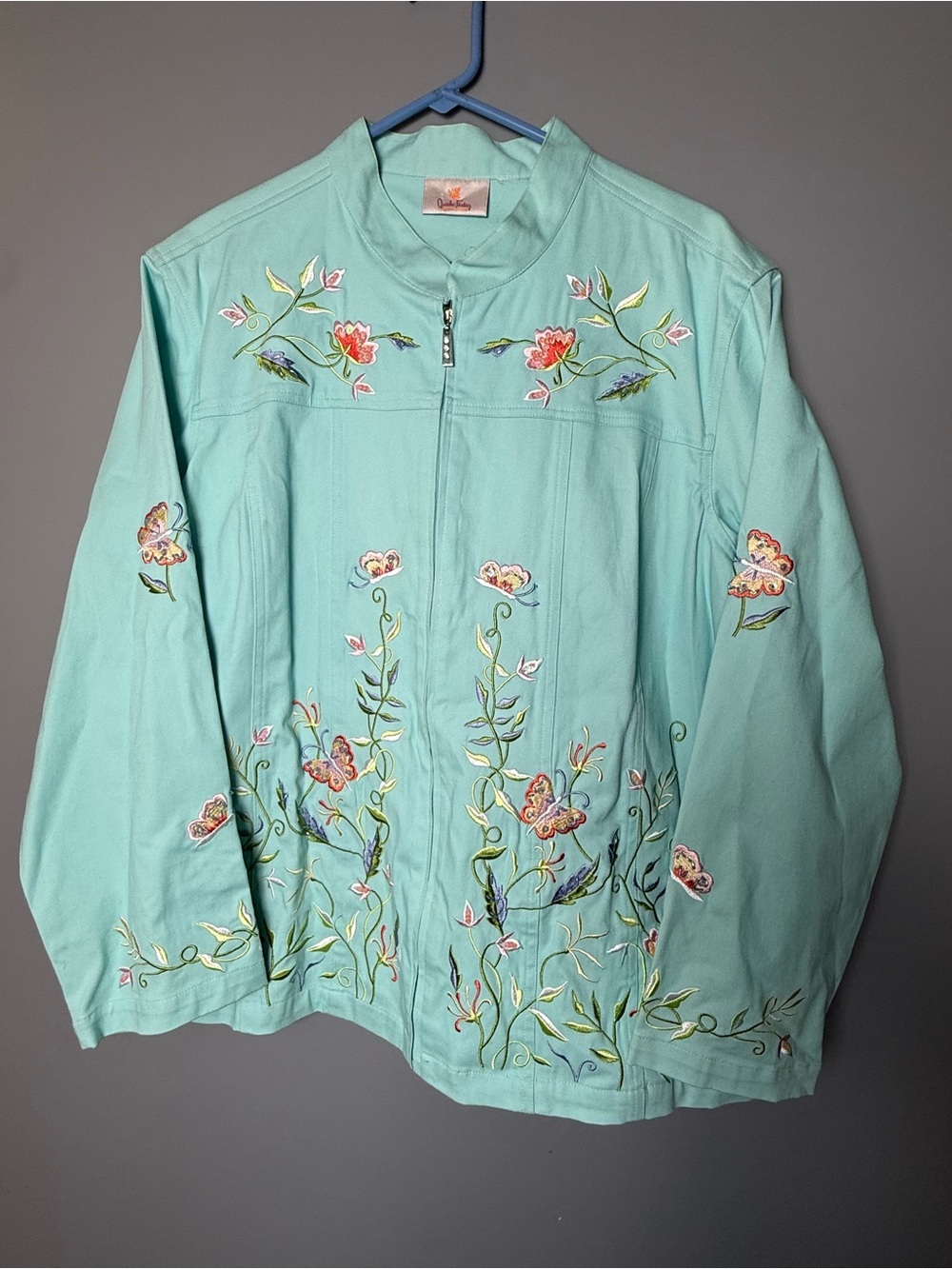 Quacker Factory Embroidered Aqua Denim Twill Full-Zip Jacket Sz XL